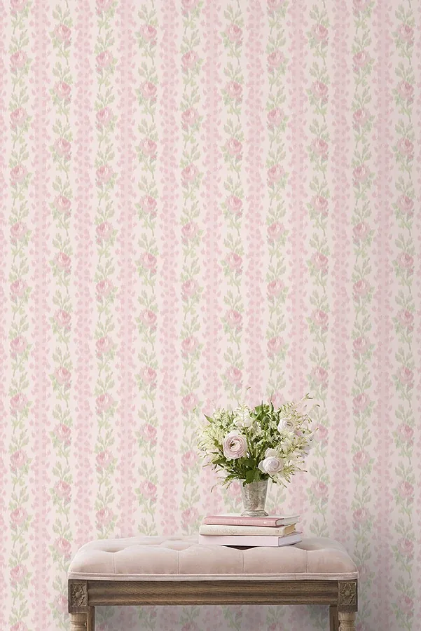 A-Street Prints Blooming Heirloom Strawberry Macaron Rose Stripe Wallpaper - SKU AST6493
