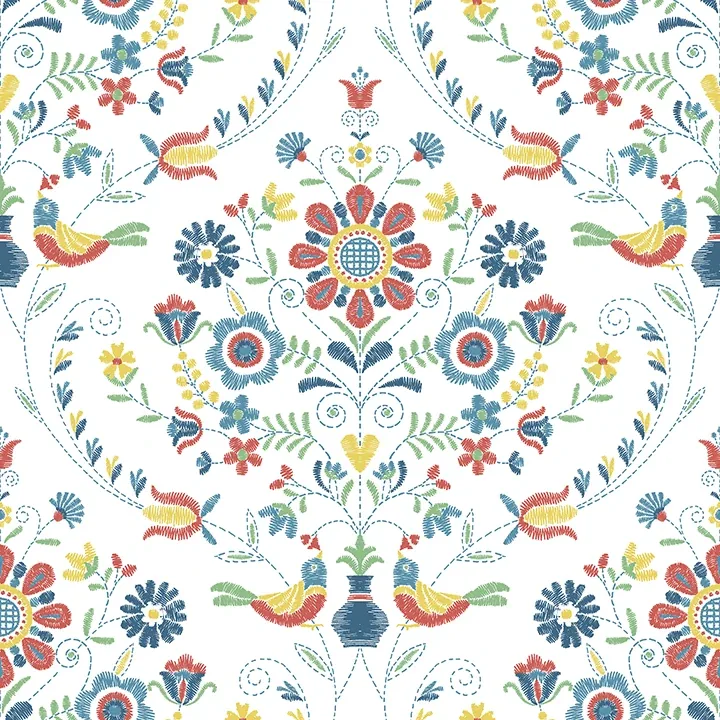 4066-26512 | Britt Multicolor Embroidered Damask Wallpaper