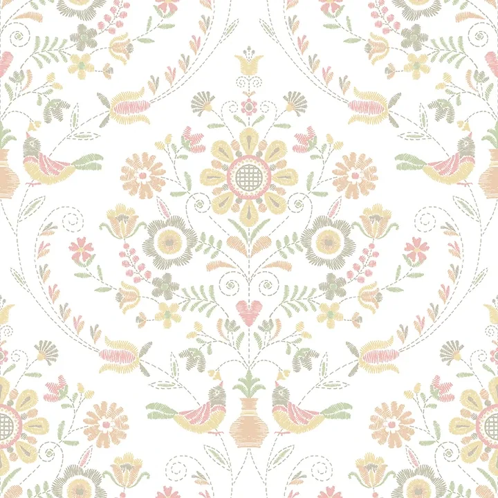 4066-26514 | Britt Peach Embroidered Damask Wallpaper
