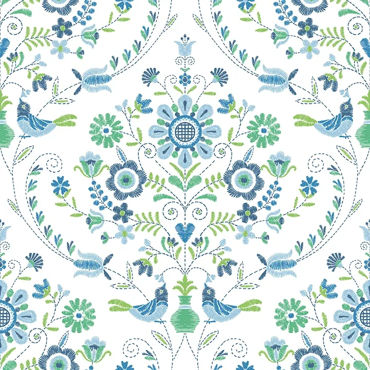 4066-26511 | Britt Sapphire Embroidered Damask Wallpaper