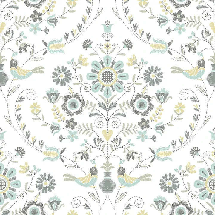 A-Street Prints Britt Sea Green Embroidered Damask Wallpaper - SKU 4066-26510