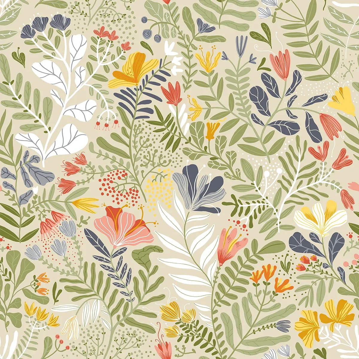 2999-55011 | Brittsommar Beige Green Woodland Floral Wallpaper