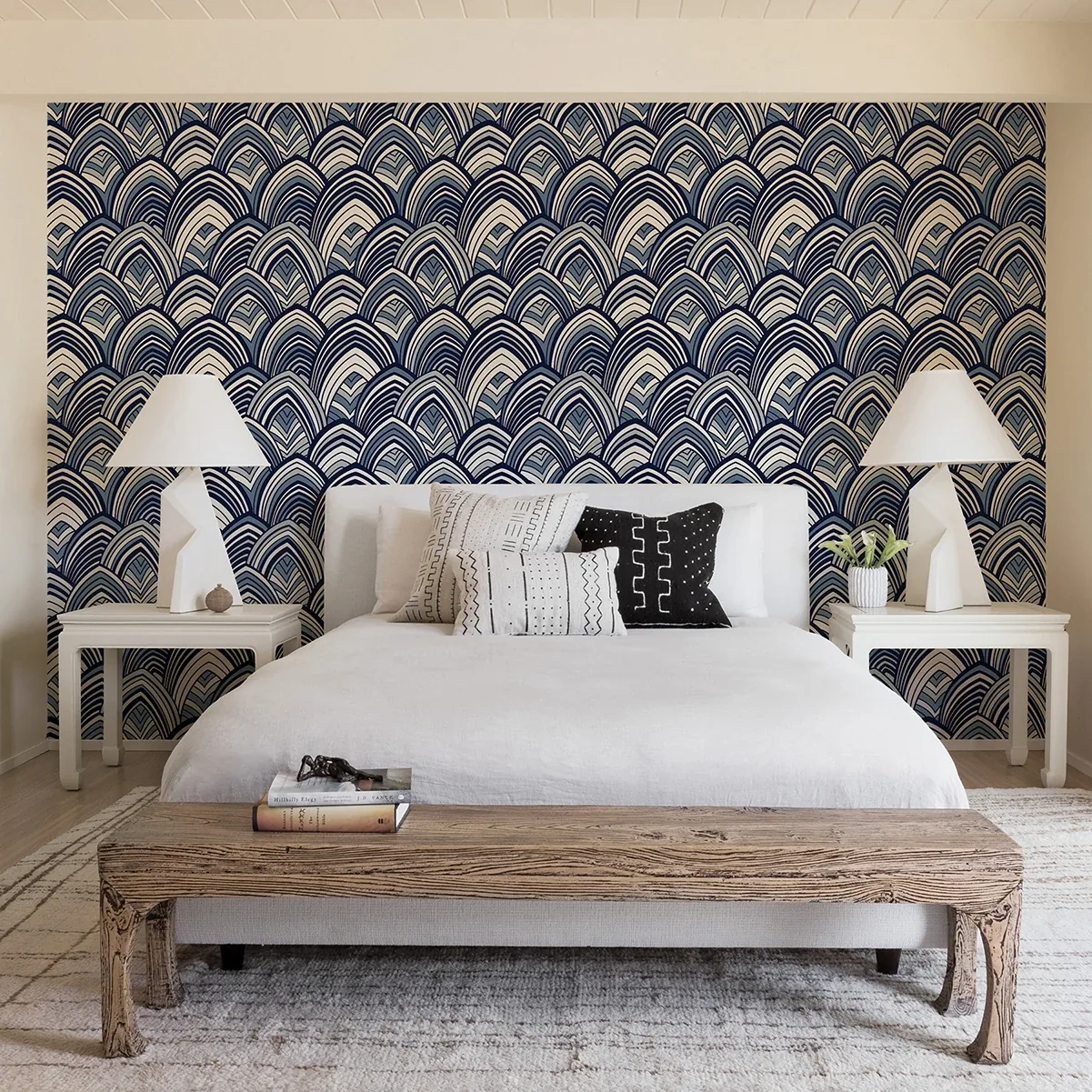 A-Street Prints Cabarita Indigo Art Deco Flocked Leaves Wallpaper - SKU 2969-87351
