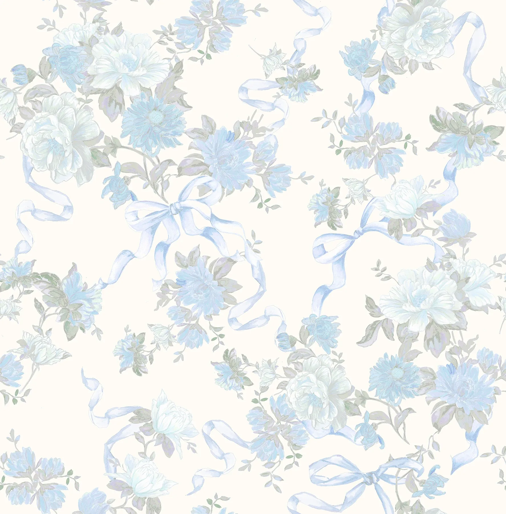 A-Street Prints Cabbage Rose Bow Dusty River Blue Ribbons & Roses Wallpaper - SKU AST4654