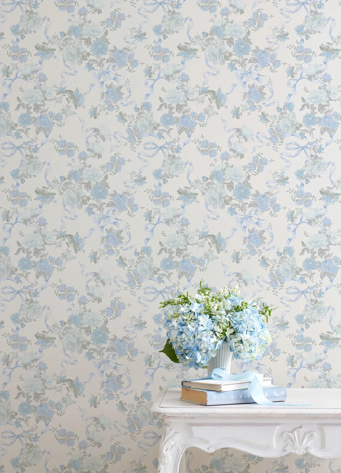 A-Street Prints Cabbage Rose Bow Dusty River Blue Ribbons & Roses Wallpaper - SKU AST4654