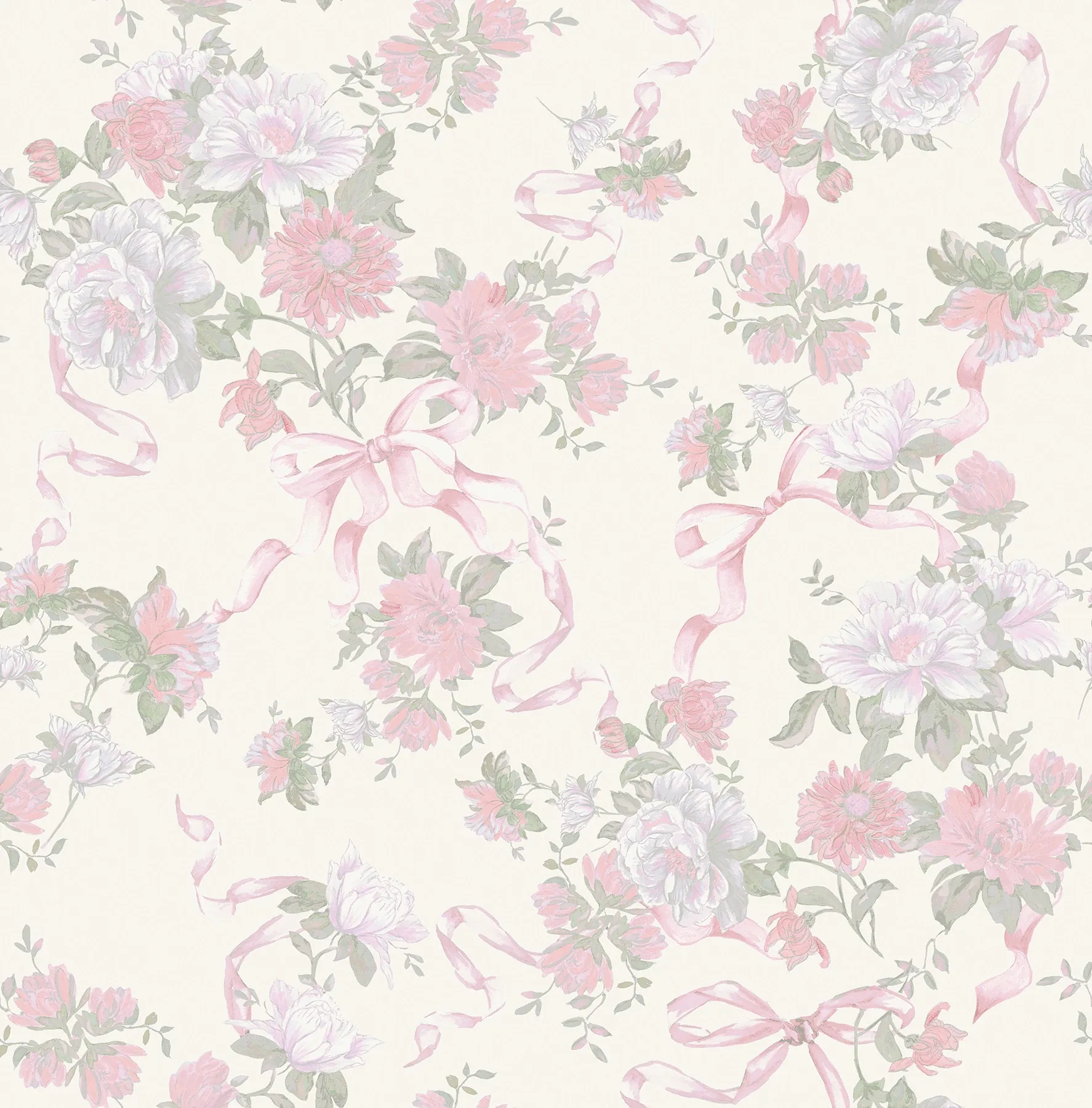 AST4653 | Cabbage Rose Bow Pretty in Pink Ribbons & Roses Wallpaper
