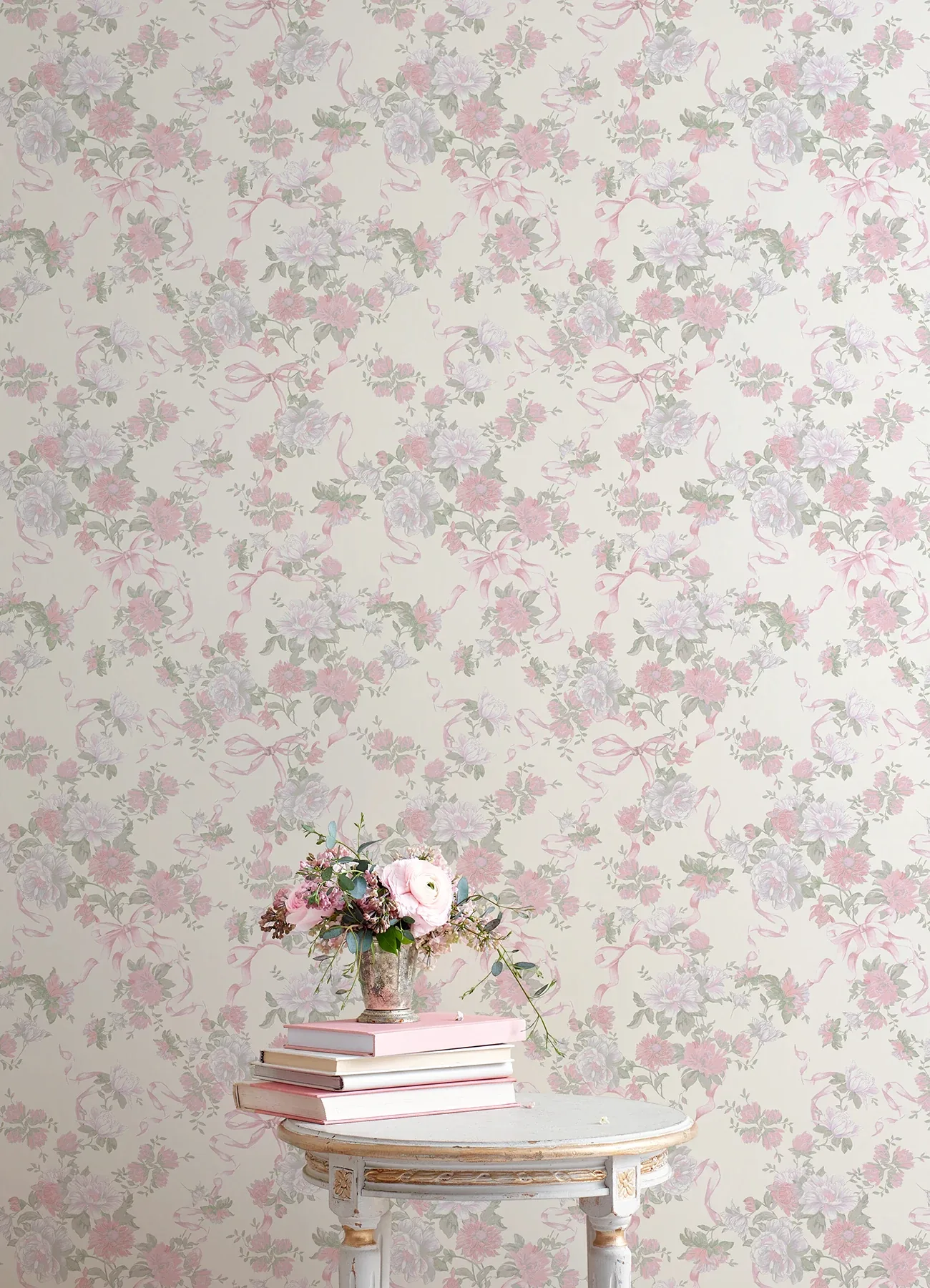 A-Street Prints Cabbage Rose Bow Pretty in Pink Ribbons & Roses Wallpaper - SKU AST4653
