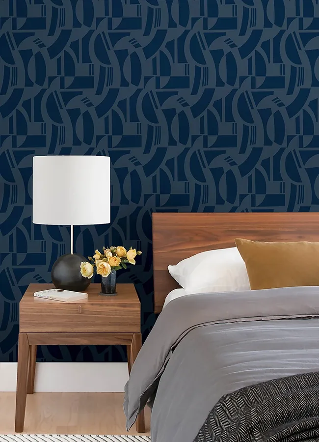 A-Street Prints Carter Indigo Geometric Flock Wallpaper - SKU 4034-87381
