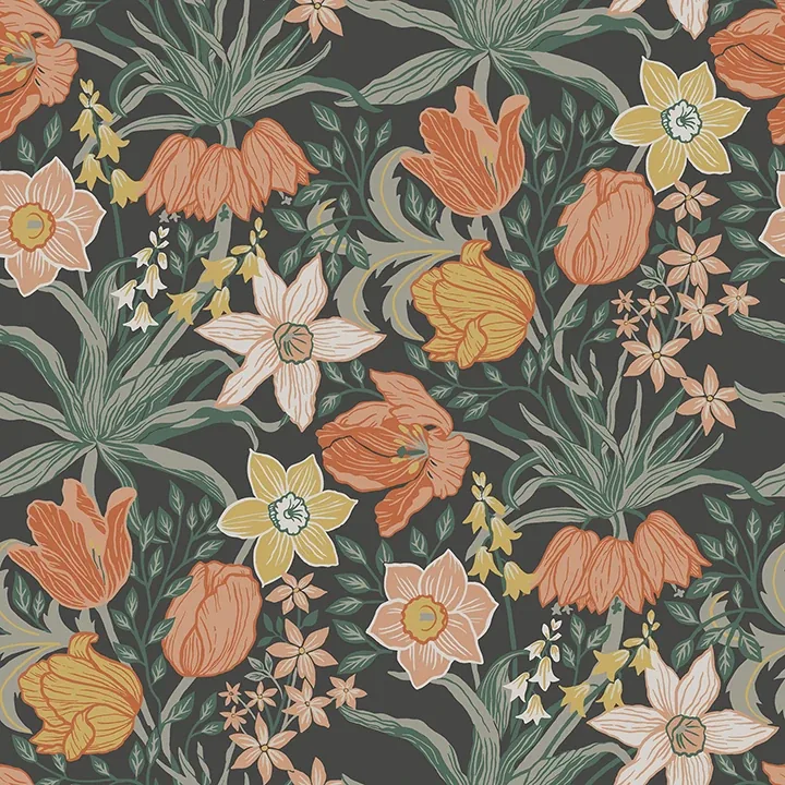 A-Street Prints Cecilia Black Tulip and Daffodil Wallpaper - SKU 4143-34031