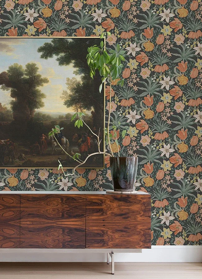 A-Street Prints Cecilia Black Tulip and Daffodil Wallpaper | Wallpaper Twins A-Street Prints Cecilia Black Tulip and Daffodil Wallpaper - SKU 4143-34031