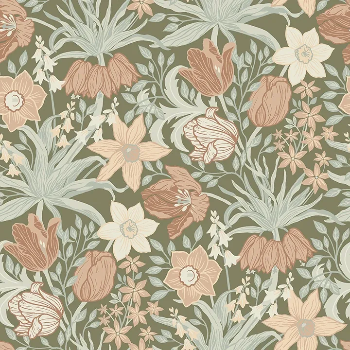 4143-34029 | Cecilia Moss Tulip and Daffodil Wallpaper