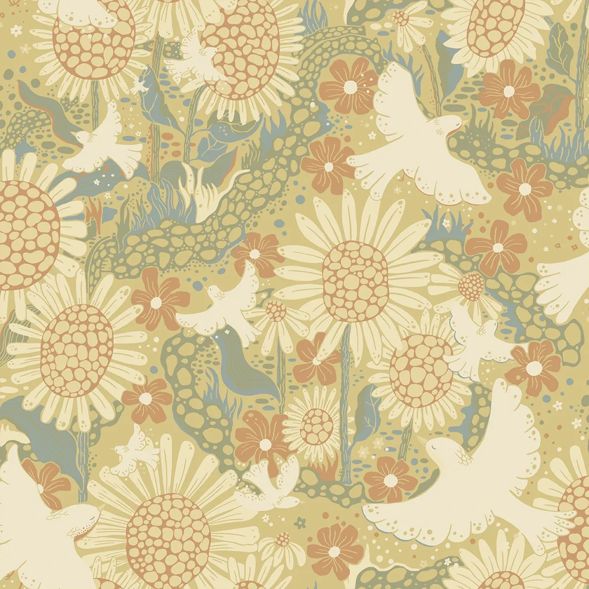 4111-63008 | Drömma Coral Songbirds and Sunflowers Wallpaper