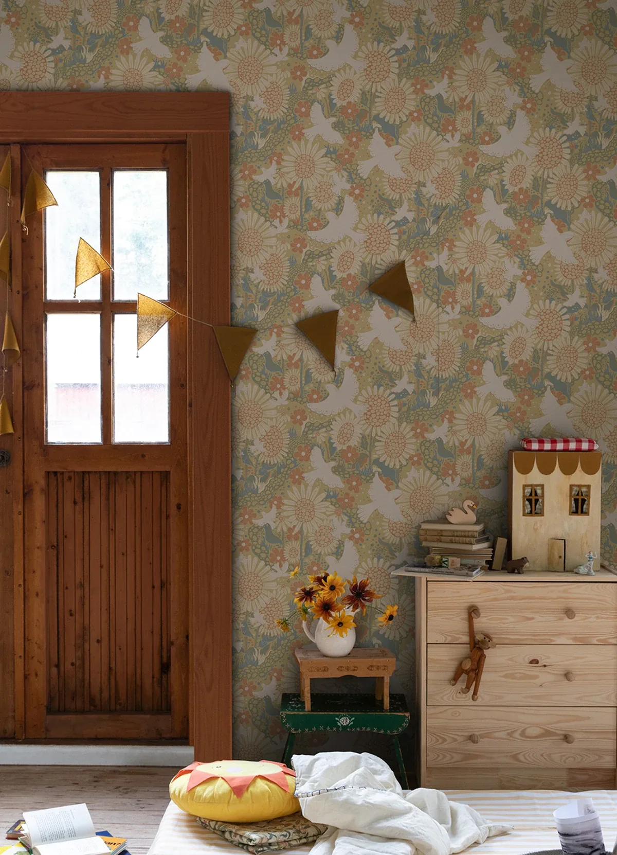 A-Street Prints Drömma Coral Songbirds and Sunflowers Wallpaper - SKU 4111-63008
