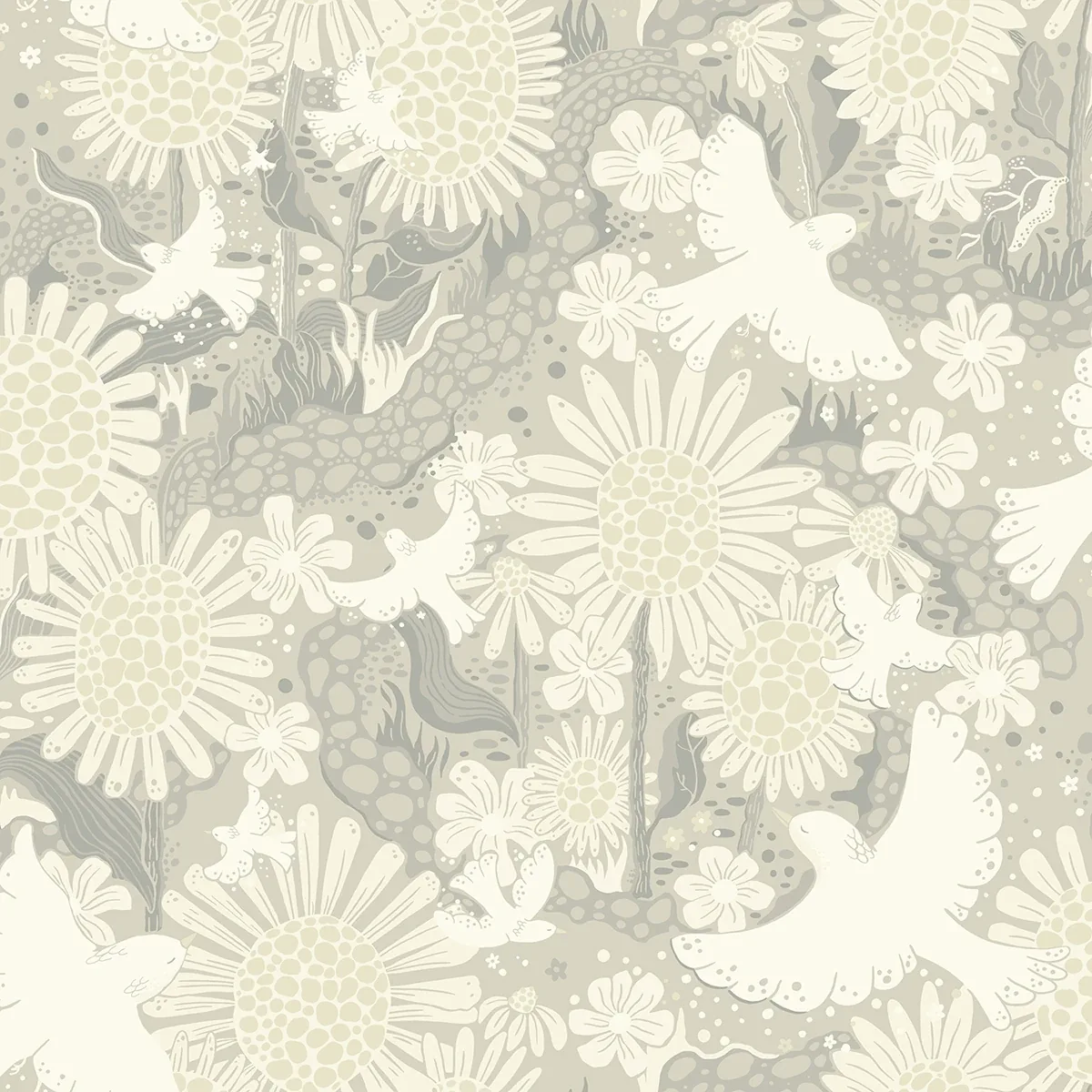 4111-63011 | Drömma Light Grey Songbirds and Sunflowers Wallpaper