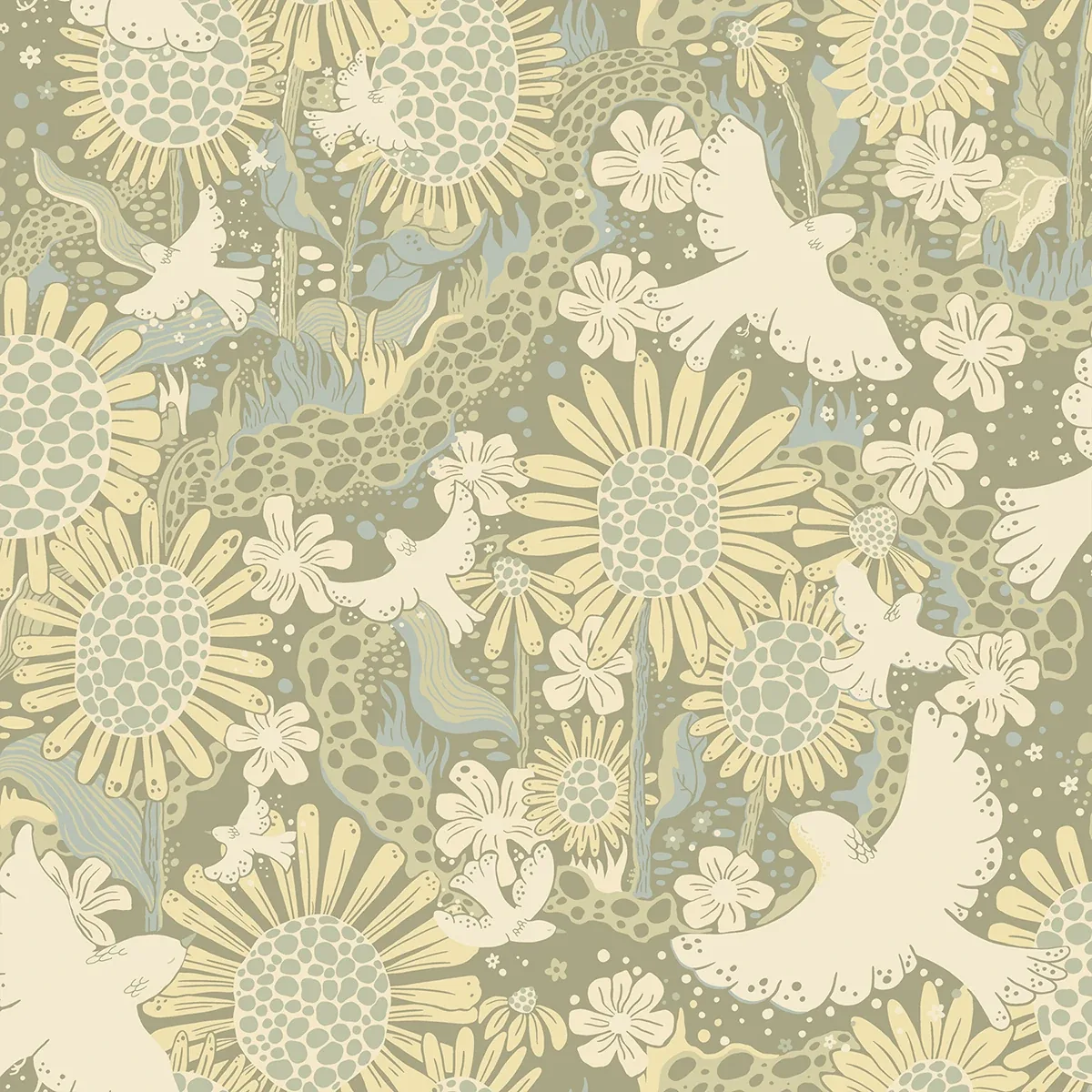 4111-63009 | Drömma Sage Songbirds and Sunflowers Wallpaper