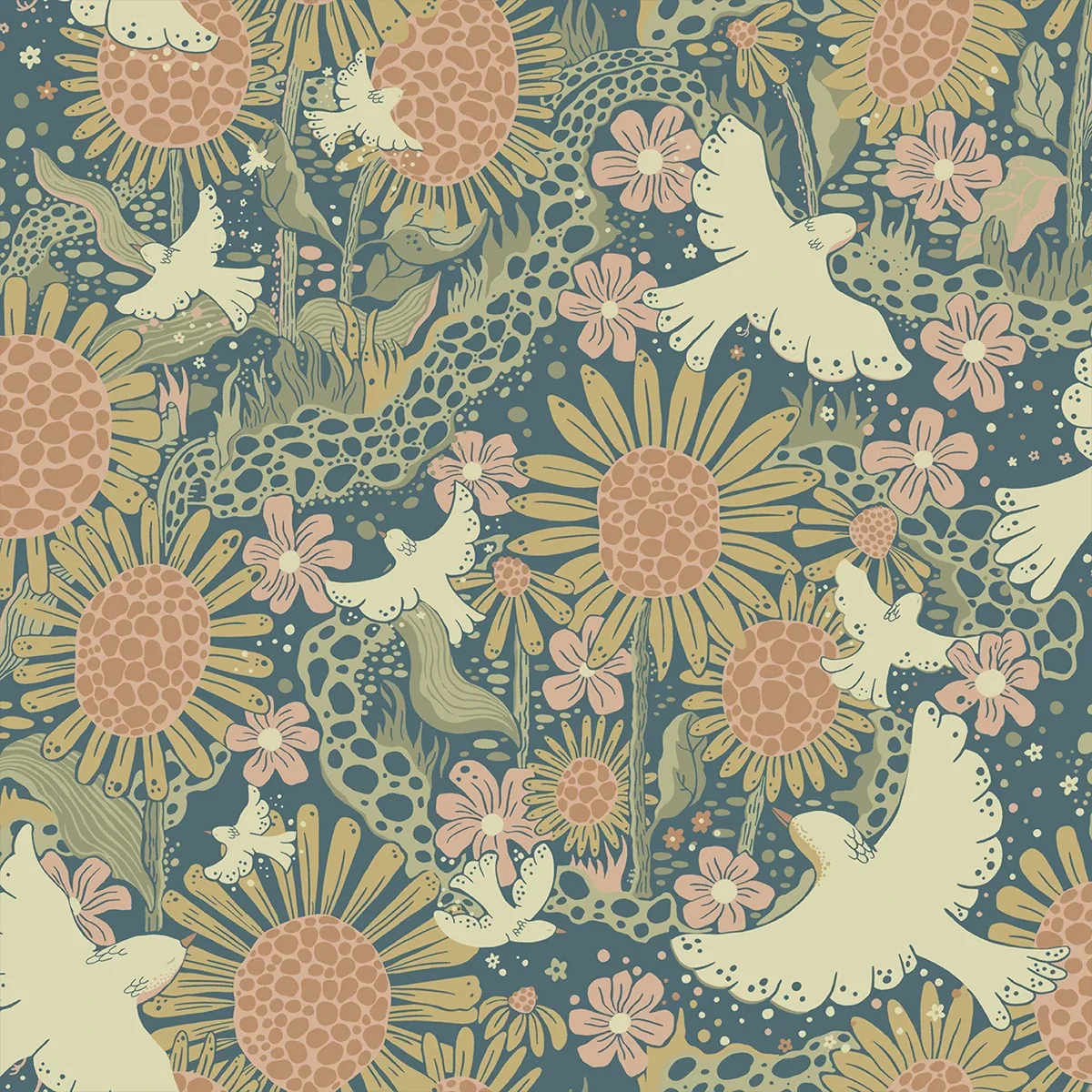 A-Street Prints Drömma Teal Songbirds and Sunflowers Wallpaper - SKU 4111-63007