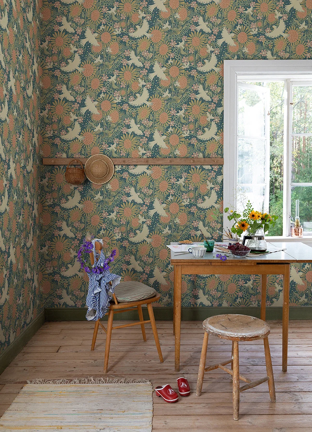 A-Street Prints Drömma Teal Songbirds and Sunflowers Wallpaper - SKU 4111-63007