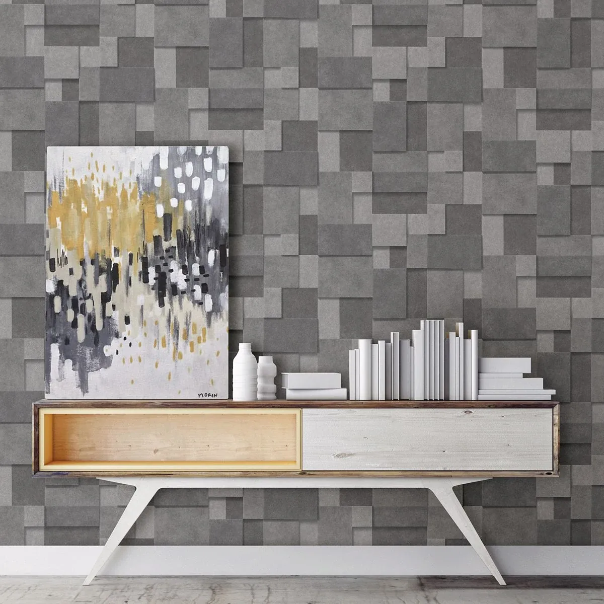 A-Street Prints Duchamp Dark Grey Metallic Squares Wallpaper - SKU 2922-25354