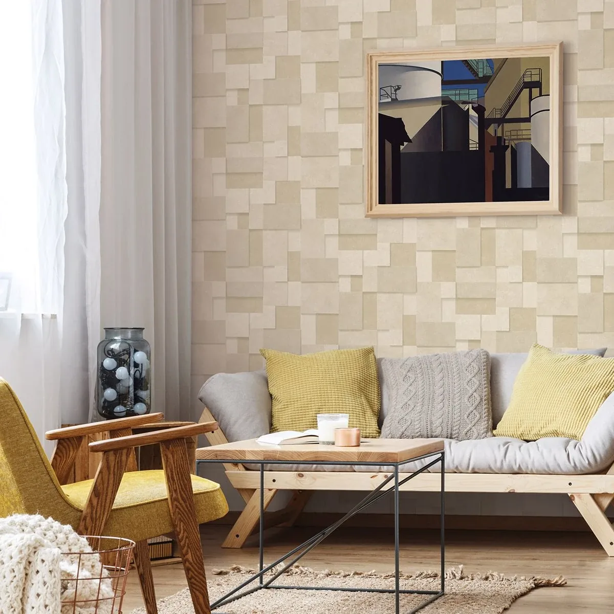 A-Street Prints Duchamp Wheat Metallic Squares Wallpaper - SKU 2922-25355