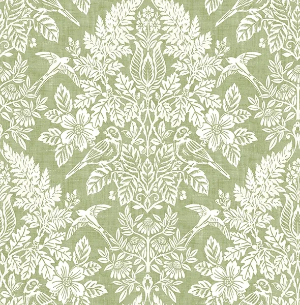 4173-27620 | Finch Light Green Woodland Damask Wallpaper