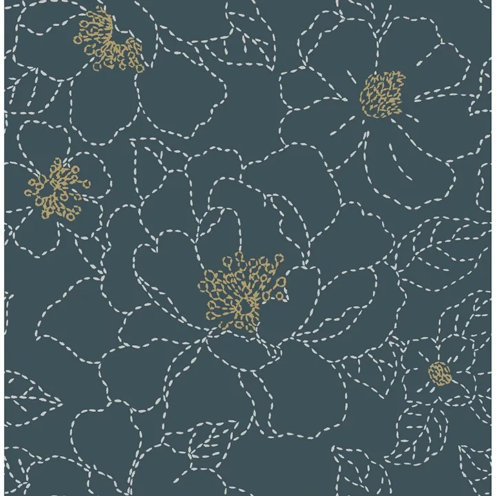 4122-27009 | Gardena Indigo Embroidered Floral Wallpaper