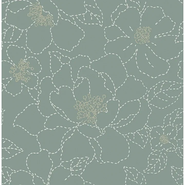 4122-27006 | Gardena Sea Green Embroidered Floral Wallpaper