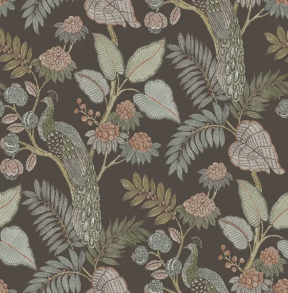 4173-27647 | Geneva Chocolate Peacock Paradise Wallpaper