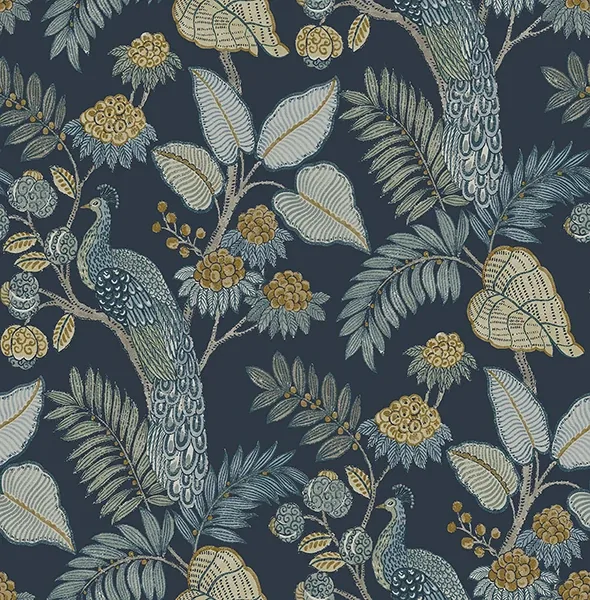 4173-27643 | Geneva Dark Blue Peacock Paradise Wallpaper