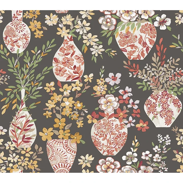 A-Street Prints Harper Brown Floral Vase Wallpaper - SKU 4120-72002