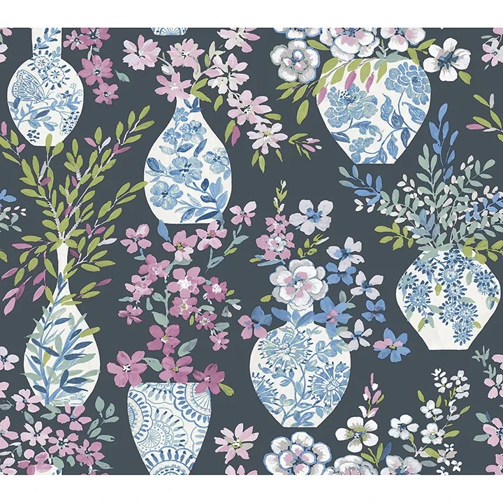 A-Street Prints Harper Charcoal Floral Vase Wallpaper - SKU 4120-72004
