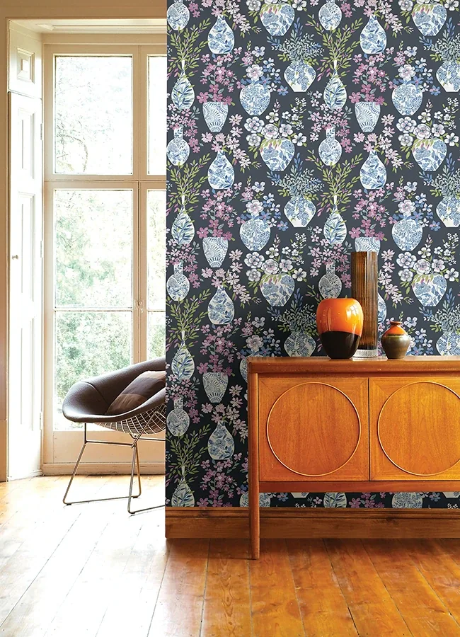 A-Street Prints Harper Charcoal Floral Vase Wallpaper | Wallpaper Twins A-Street Prints Harper Charcoal Floral Vase Wallpaper - SKU 4120-72004