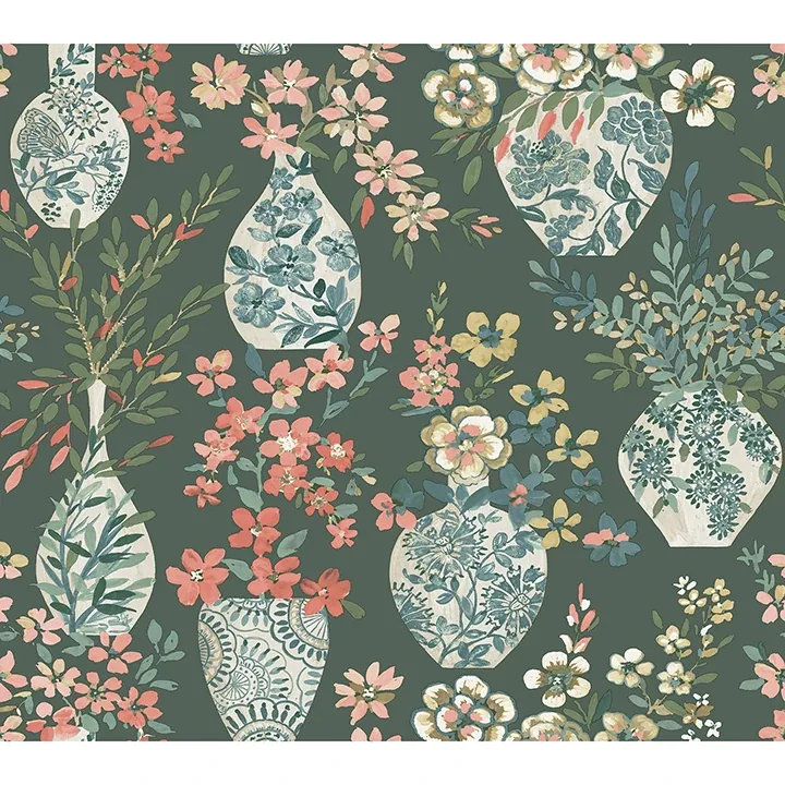 A-Street Prints Harper Green Floral Vase Wallpaper - SKU 4120-72000
