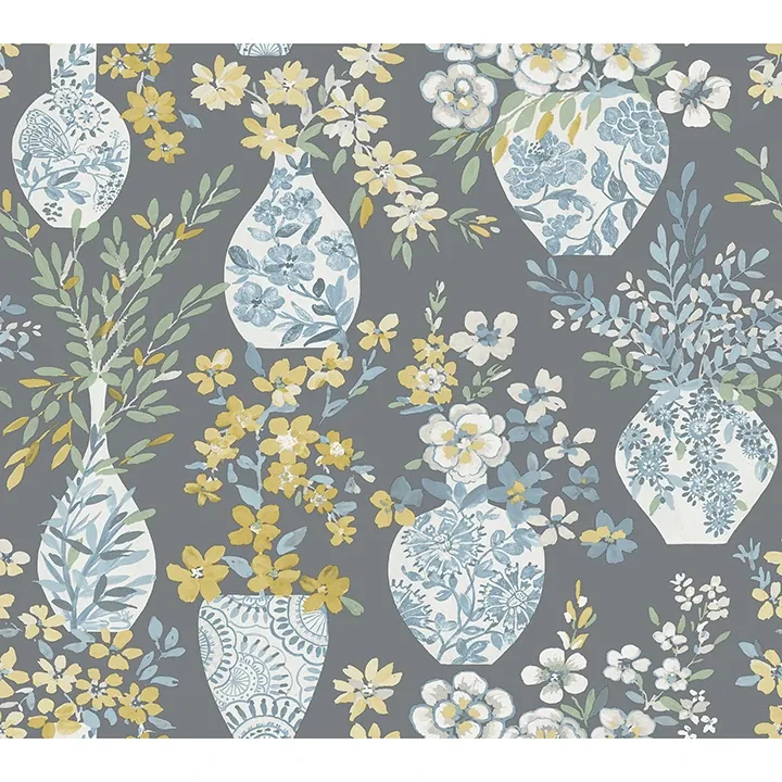 A-Street Prints Harper Grey Floral Vase Wallpaper - SKU 4120-72003