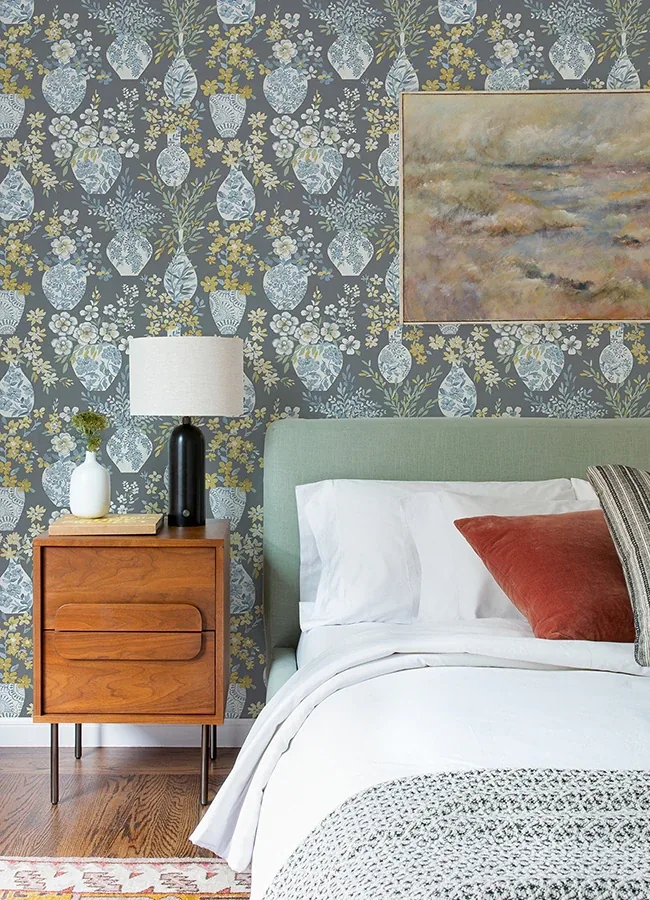 A-Street Prints Harper Grey Floral Vase Wallpaper - SKU 4120-72003