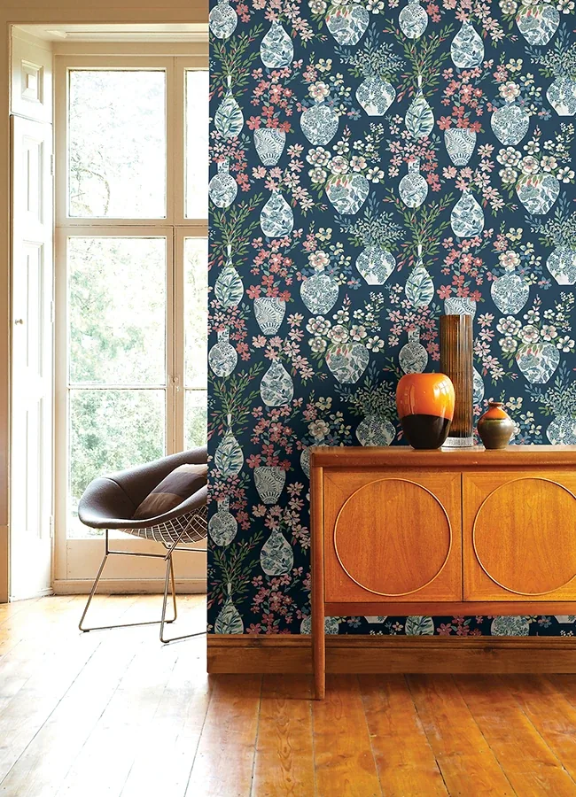 A-Street Prints Harper Teal Floral Vase Wallpaper | Wallpaper Twins A-Street Prints Harper Teal Floral Vase Wallpaper - SKU 4120-72001