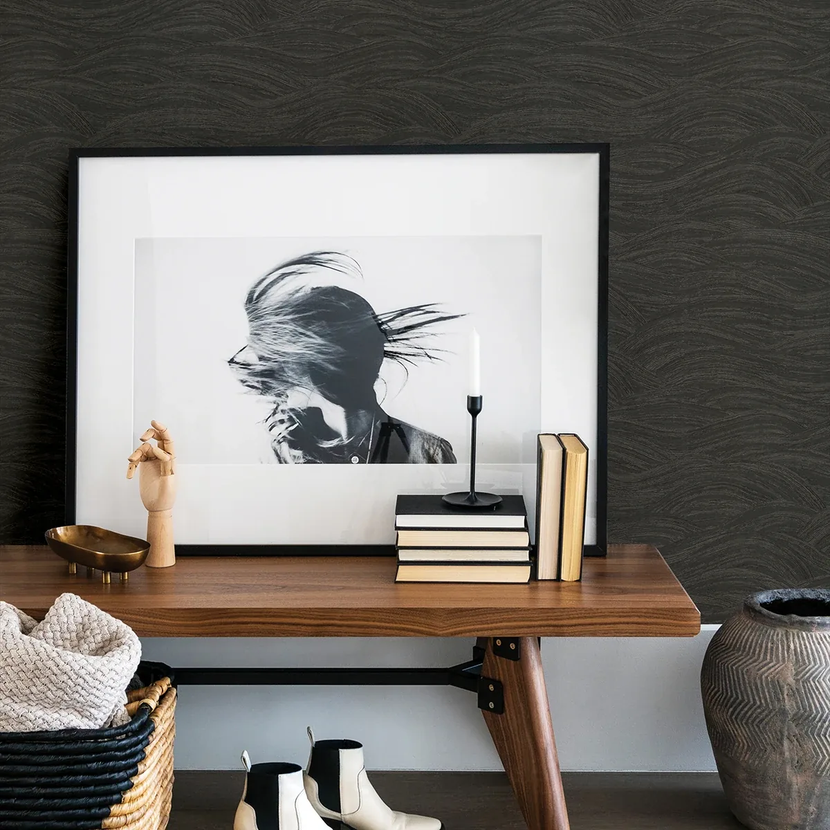 A-Street Prints Leith Black Zen Waves Wallpaper - SKU 2971-86363