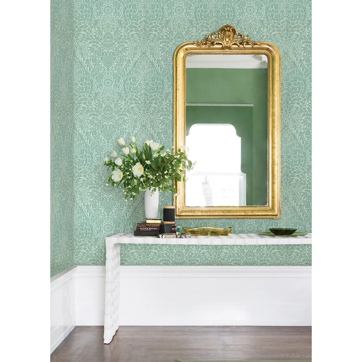 A-Street Prints Maris Mint Flock Damask Wallpaper - SKU 2973-87369