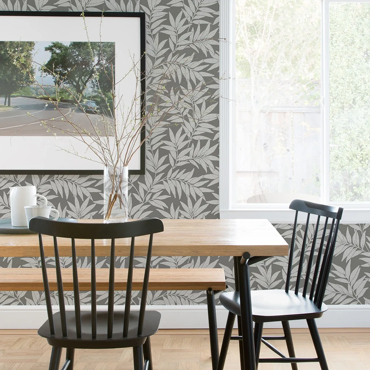 A-Street Prints Morris Dark Grey Leaf Wallpaper - SKU 2970-26123