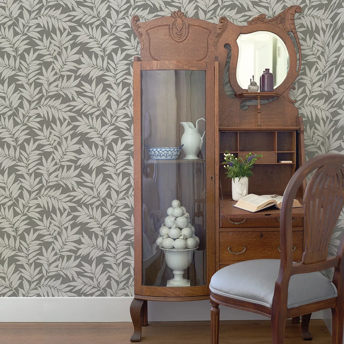 A-Street Prints Morris Dark Grey Leaf Wallpaper - SKU 2970-26123