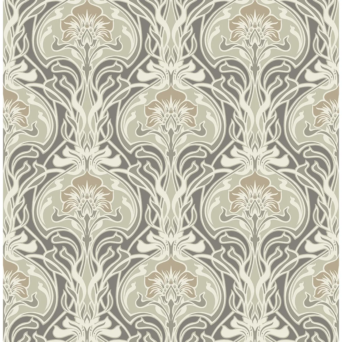 2970-26150 | Mucha Dark Grey Botanical Ogee Wallpaper