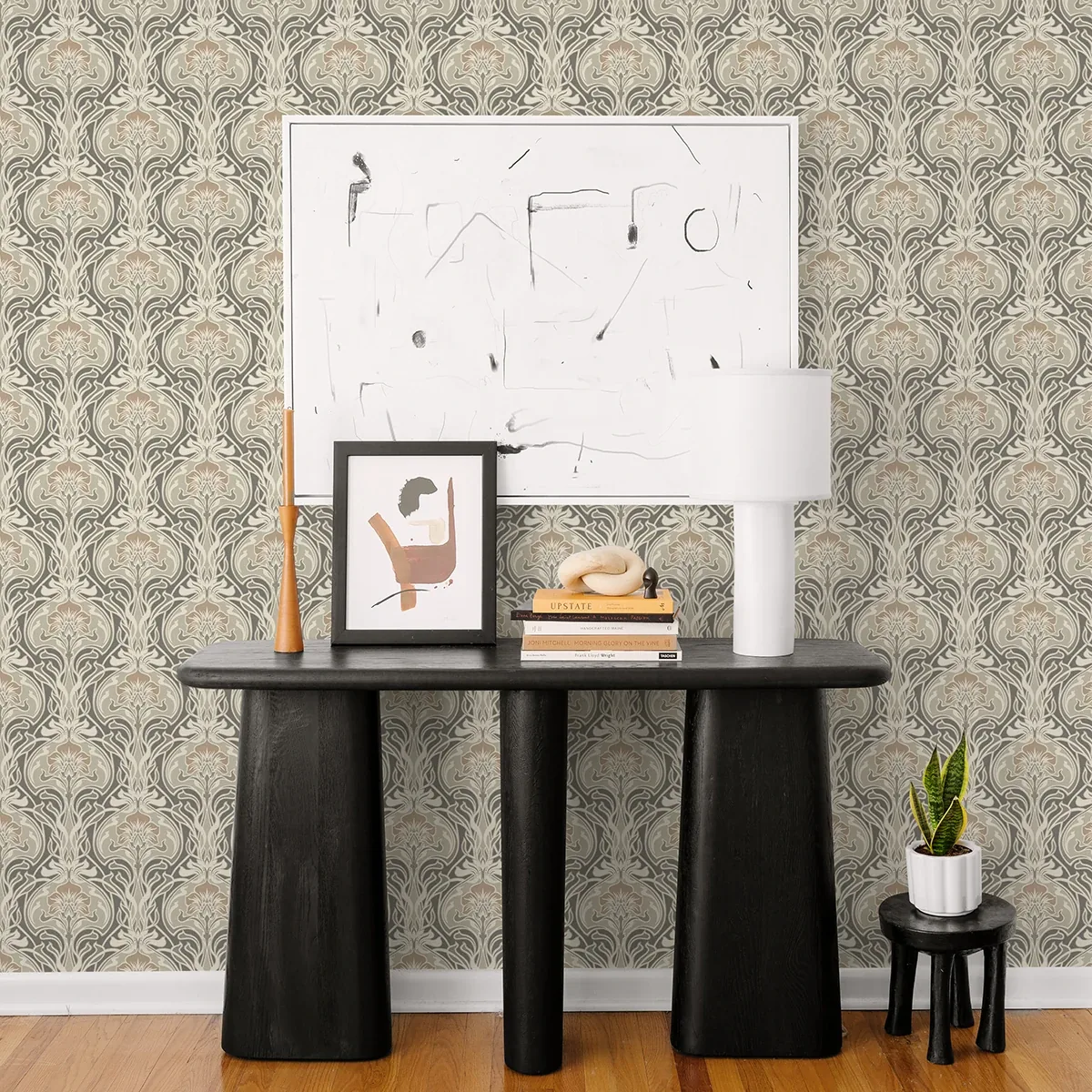 A-Street Prints Mucha Dark Grey Botanical Ogee Wallpaper - SKU 2970-26150
