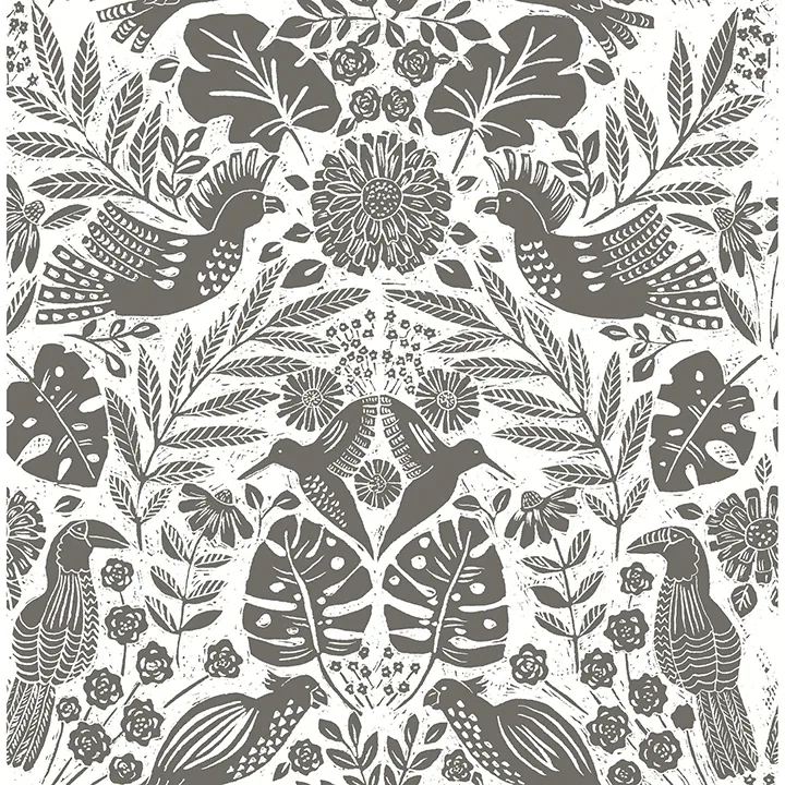 4122-27004 | Nestle Charcoal Bird Block Print Wallpaper