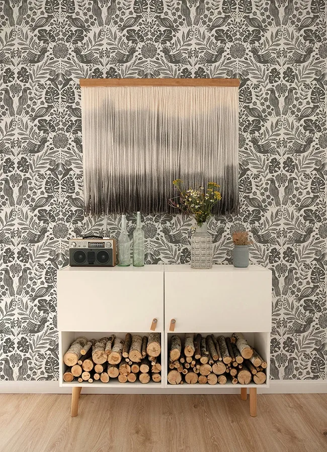 A-Street Prints Nestle Charcoal Bird Block Print Wallpaper - SKU 4122-27004