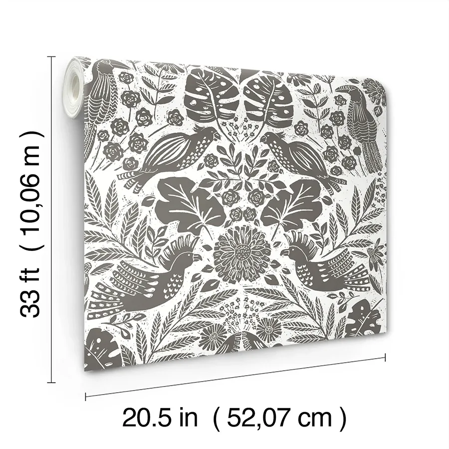 A-Street Prints Nestle Charcoal Bird Block Print Wallpaper - SKU 4122-27004