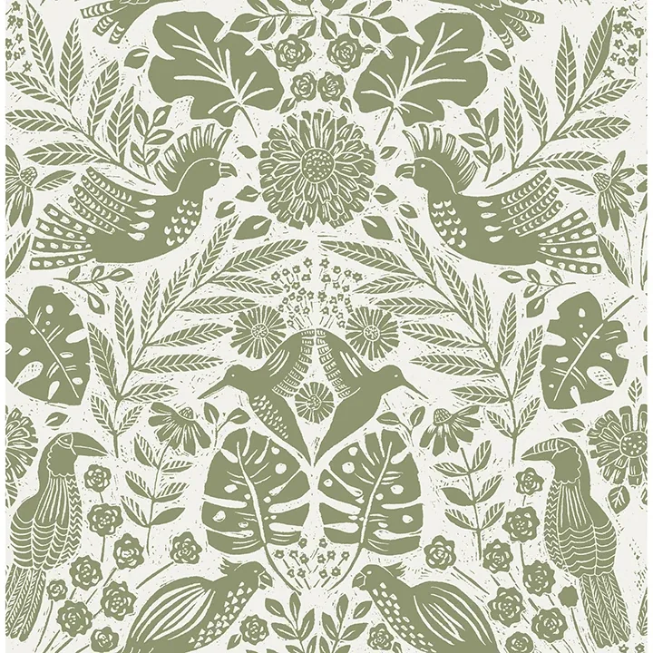 4122-27005 | Nestle Green Bird Block Print Wallpaper