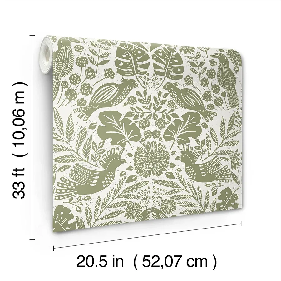 A-Street Prints Nestle Green Bird Block Print Wallpaper - SKU 4122-27005