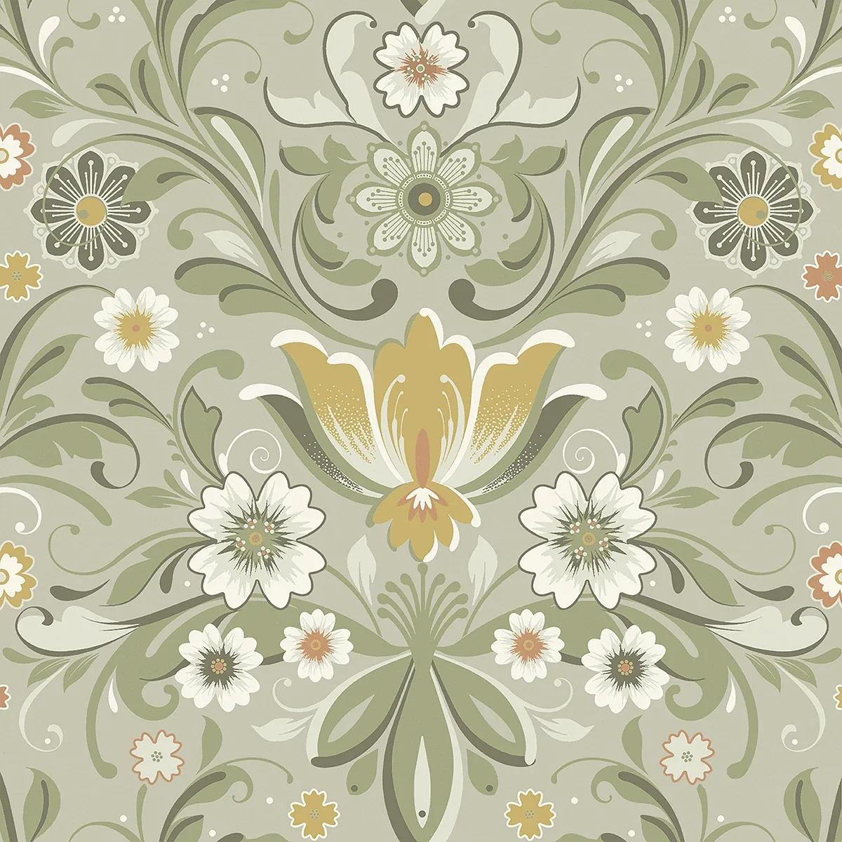 2999-24113 | Ostanskar Green Retro Floral Wallpaper