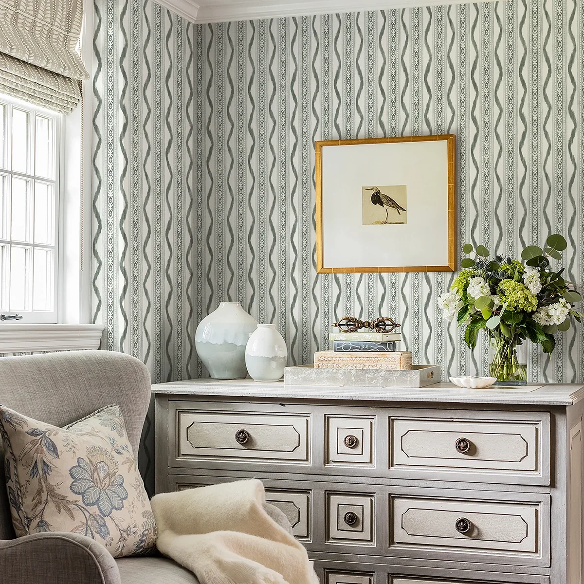 A-Street Prints Rhys Green IKAT Stripe Wallpaper | Wallpaper Twins A-Street Prints Rhys Green IKAT Stripe Wallpaper - SKU AST4347