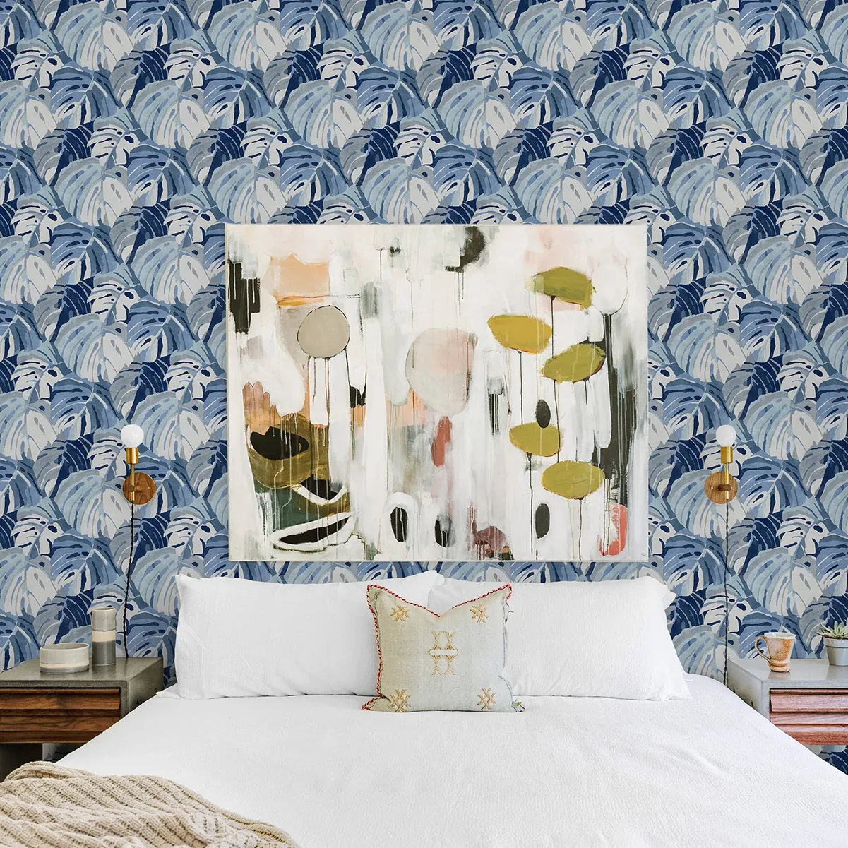 A-Street Prints Samara Blue Monstera Leaf Wallpaper - SKU 2969-26007