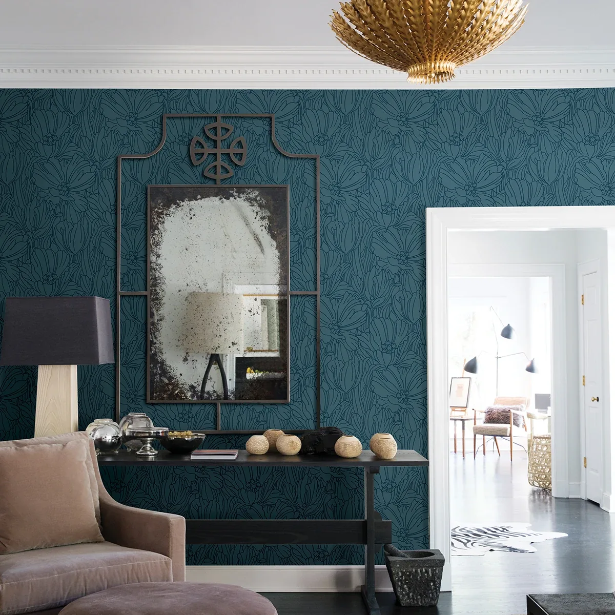 A-Street Prints Selwyn Flock Dark Blue Floral Wallpaper - SKU 2970-87356